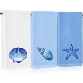 JarThenaAMCS 3 Pack Ocean Sea Hand Towel Cotton Embroidered Seashell Starfish Conch Bathroom Towel Blue Dish Towel for Summer Hand Drying Cleaning Cooking, 29.5 x 13.7 Inch