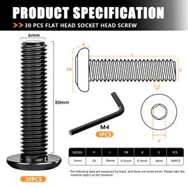mankk 30PCS M6 x 30mm Flat Head Screws Socket Head Screw Furniture Bolts 304 Stainless Steel 18-8 Countersunk Connector Screws Fully Threaded Furniture Screw with Hex Spanner M-M6x30-30PCS
