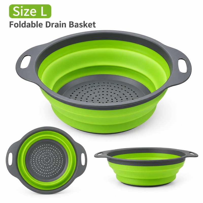 Foldable Silicone Colander for Fruit & Vegetable Washing – Green