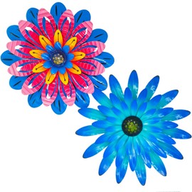 LITIALLY 2PCS 12 Inch Metal Flower Wall Decor - Blue and Red, Vibrant Rustic Modern Hanging Art Sculpture - Decoration for Farmhouse, Fence, Patio, Living Room - Kitchen and Bathroom Art Wall Decor