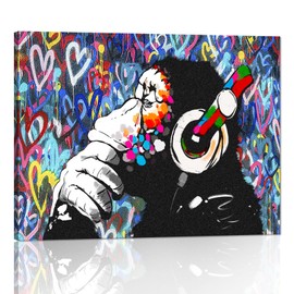 Graffiti Home Decor Graffiti Canvas Wall Art Thinking Monkey Picture Graffiti Artwork Framed Colorful Graffiti Canvas Prints Street Graffiti Picture for Living Room Ready to Hang - 11.5x15 inch