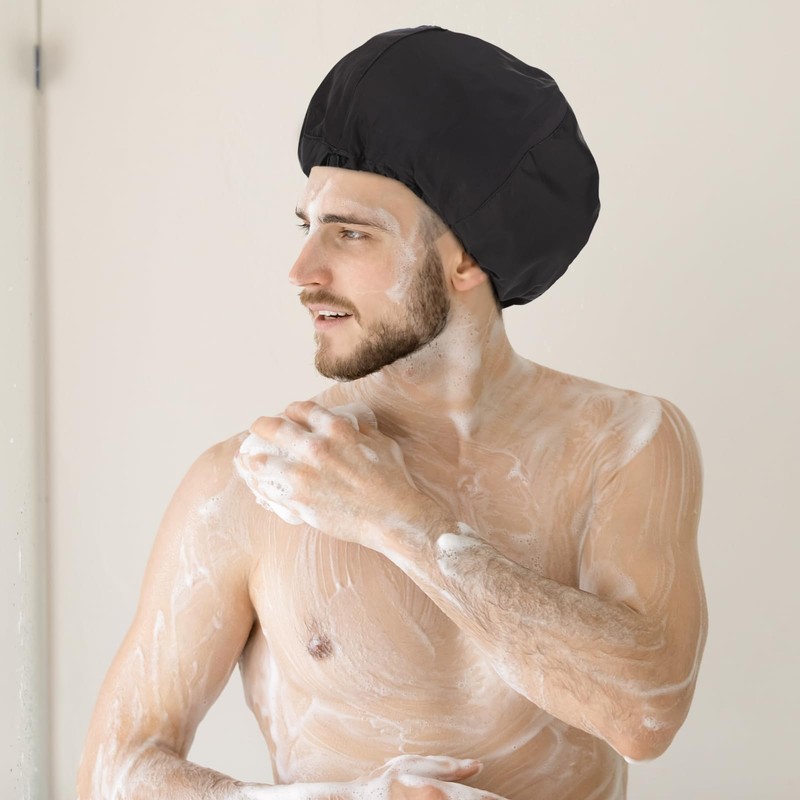 Qinayu Shower Cap for Men Elastic Adjustable Black Bath Cap