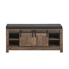 Haotian Industrial Style Storage Bench, Entryway Shoe Bench Sliding Barn Doors, Drawer & Padded Seat Cushion, Hallway Shoe Cabinet, Rustic Window Bench for Mudroom, Brown, FSR118-N