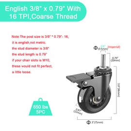 MALLLALA 3" Stem Casters Wheels with English 3/8"-16UNC Threaded Stem,Set of 5(2 Castors with Brakes,3 No Brake),Heavey Duty Swivel Rubber Castors Replacement for Hardwood,Carpet,Tile Floors