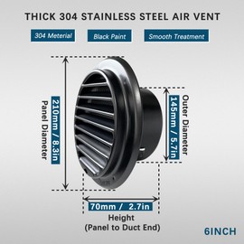 6in Air Vent Cover for Wall, 304 Thick Stainless Steel Air Cover Soffit Vents with Mesh for Apartment, Garage, House
