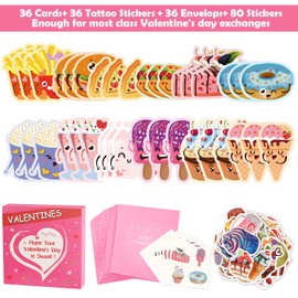 AOJOYS Valentines Day Cards for Kids, 36 Pack Kids Valentines Day Cards with Cute Temporary Tattoos, Pink Envelopes & 80PCS Stickers, Valentines Cards for Classroom Exchange