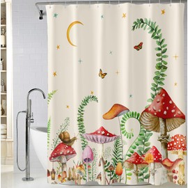 BIVINAR Vintage Beige Mushroom Shower Curtain 72 x 72 Inch, Rustic Retro Mushroom Moon Butterfly Shower Curtain for Bathroom Decor, Waterproof Fabric Cloth Plant Shower Curtain with 12 Hooks