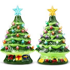 Joiedomi 2 Pcs 7" Ceramic Christmas Tree with Candy and Gift Box Design, Mini Prelit Tabletop Christmas Tree with Extra Blue Top Star & Bulbs for Best Desk Decoration