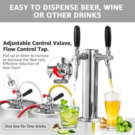 New Adjustable Dual Tap Kegerator Tower Beer Tap Tower Upgraded 3" Draft Beer Dispenser Keg Tower, 304 Stainless Steel Core Self-Closing Beer Faucet with Pre-Assembled Beer Line Kegerator Parts Kits