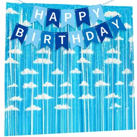 Bluey Birthday Decorations Sky Blue Clouds Foil Curtain Backdrop Party Streamers Photographic Studio Photo Backgrounds with Streamers Banner for Birthday Engagement Celebration Party Decorations