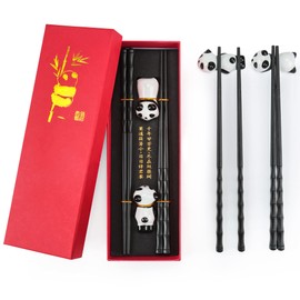 Chinese Chopsticks Set, 2 Pairs Bamboo Shape Chopsticks with 2 Panda Stick Holder, Reusable Non-Slip Chopsticks, Dishwasher Safe Chopsticks, Gift for Panda Lovers (Black)