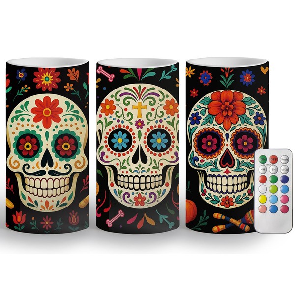 ONEIHOMM Dia De Los Muertos Flameless Candles with Timer Remote