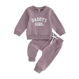 2Pcs Set Infant Baby Girl Fall Clothes Daddys Girl Long Sleeve Crewneck Sweatshirt+Joggers Pants Winter Outfit Set (Daddy's Girl-Purple,0-6 Months)