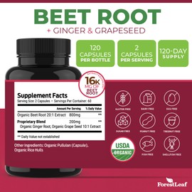 ForestLeaf Organic Beet Root Capsules - Beetroot Supplement 16000mg Strength 20:1 Extract Pills w/Ginger Grape Seed | Support Blood Pressure, Nitric Oxide, Flow, Circulation | Beets Powder - 120 Caps