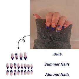 OLIUKJU Summer Press on Nails Medium Almond Fake Nails Starfish Designs French Nails Blue French Nail Tips False Nails Pink Press on Nail for Women Girls 24 Pcs Cute Nails