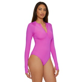 Trina Turk Women's Standard Paddle One Piece Swimsuit, Rash Guard, UV Protection, Zip Front, Long Sleeve, Bathing Suits, Sugar Berry