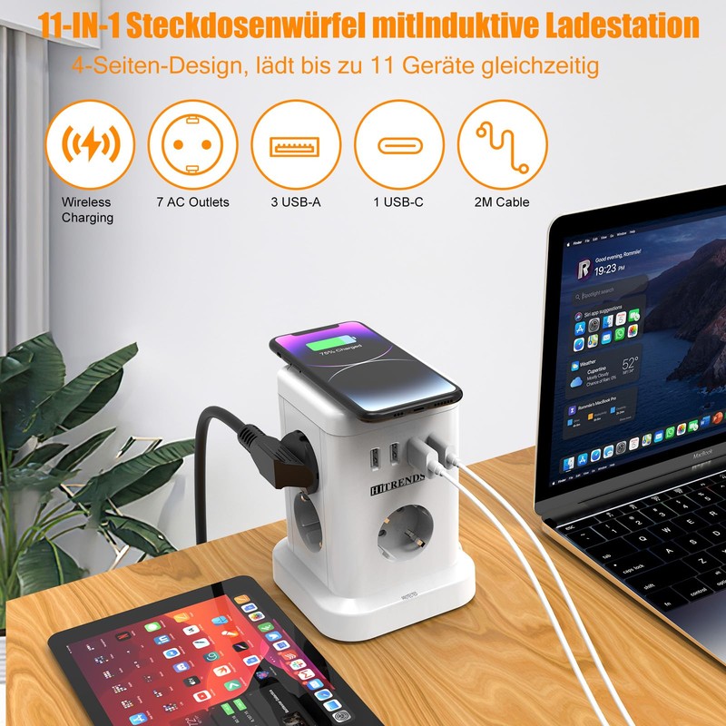 Power Strip with USB, 7 Sockets Distribution Socket with 5