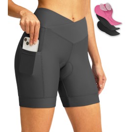 Pantalones cortos de ciclismo para mujer, 4D, acolchados, con cintura cruzada, con bolsillos, para ciclismo