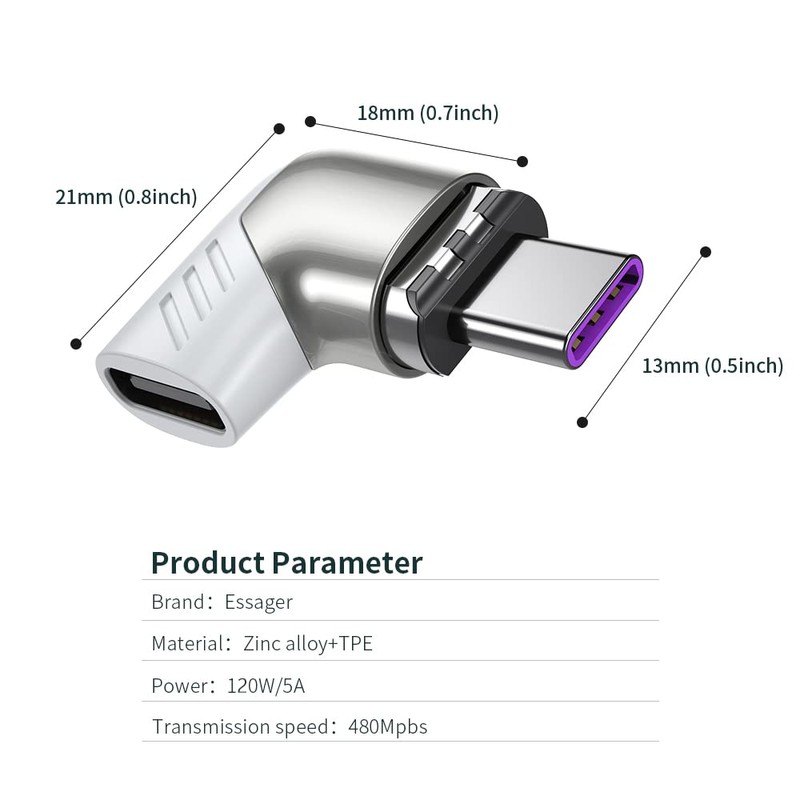 HIEbee Magnetic USB C Adapter,Right Angle Magnetic USB C to