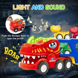 Toddler Car Toys for 1 2 3 4 Year Old Boy Kids Toys, 5-in-1 Dinosaur Transport Carrier Trucks Toys for Boys 1-3 with Sounds & Lights, Toddler Toys for Boys 1-2 2-4 Dinosaur Toys for Kids 3-5 4-6 - Colour: Red