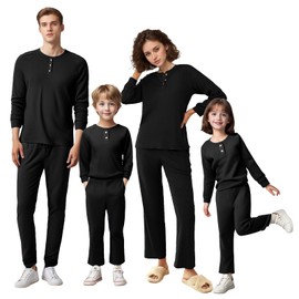 IFFEI Waffle Knit Family Matching Pajamas Sets 2 Piece Lounge Set Long Sleeve Soft Loungewear Sleepwear Joggers with Pockets Men M Black