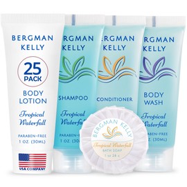 BERGMAN KELLY - Hotel Toiletries Bundle - Tropical Waterfall, 1 oz each, 125 Pieces - 5-Piece Set: 25 each Round Bar Soap, Shampoo, Conditioner, Body Lotion & Body Wash - Bulk Mini Guest Amenities