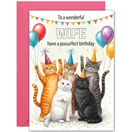 Wife Birthday Card - Party Cats Design - Large A5 Size with Pink Envelope Birthday Cards for Wife