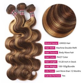 4 27 Highlight Body Wave Bundles Ombre Colored Human Hair Weave Bundles 1 3 4 Bundles Deal - Size: 22 22 24 24, Color: P4 27 Highlight