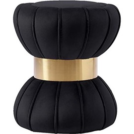 Meridian Furniture Vino Collection Modern | Contemporary Velvet Upholstered Hourglass Shaped Ottoman/Stool with Gold Finished Stainless Steel Band, 15.5" W x 15.5" D x 17" H, Black