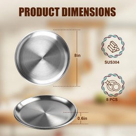 MOKIDO Pack of 6 Stainless Steel Plates Diameter 20 cm, Stainless Steel Plates, Metal Camping Tableware Set, Robust - Round Dinner Plate for Outdoor, Picnic, Party & Kitchen - Dishwasher Safe & Rustproof