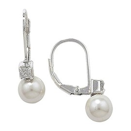 Small Pearl & Princess Cut Cubic Zirconias (CZ) Lever Back Dangly/Dangle Drop Silver Earrings for Women/Teenage/Girls - 925 Sterling Silver