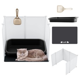 4 in 1 Low Entry Senior Cat Litter Box Large Plastic Pet Litter Box Shield Set with Enclosure Cover Splash Guard Extra Cat Pet Mat and Scoop Easy Clean Low Entry Open Top Pad for Kitten Frail Disabled