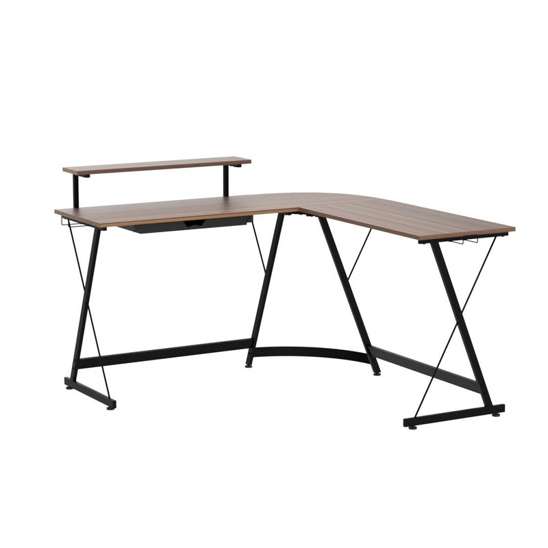 SHW Vista L-Shape Desk with Monitor Stand, Walnut