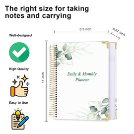 Undated Daily Monthly Planner for 2025 2026 - A4 To Do List with Hourly Schedule, Hardcover Spiral Bound Daily Planner to Increase Focus, Stylish School/Office Supplies, 8.5" x 11", Green Leaf