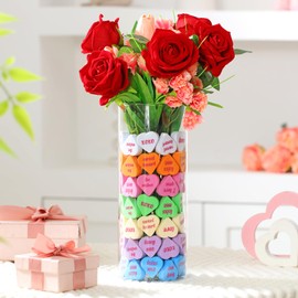 95 Pcs Valentines Day Decorations Artificial Flowers with Conversation Hearts Vase Filler Set Artificial Roses Carnations Tulip Sweet Floral Arrangement Home Decoration Centerpieces for Tables Mantel