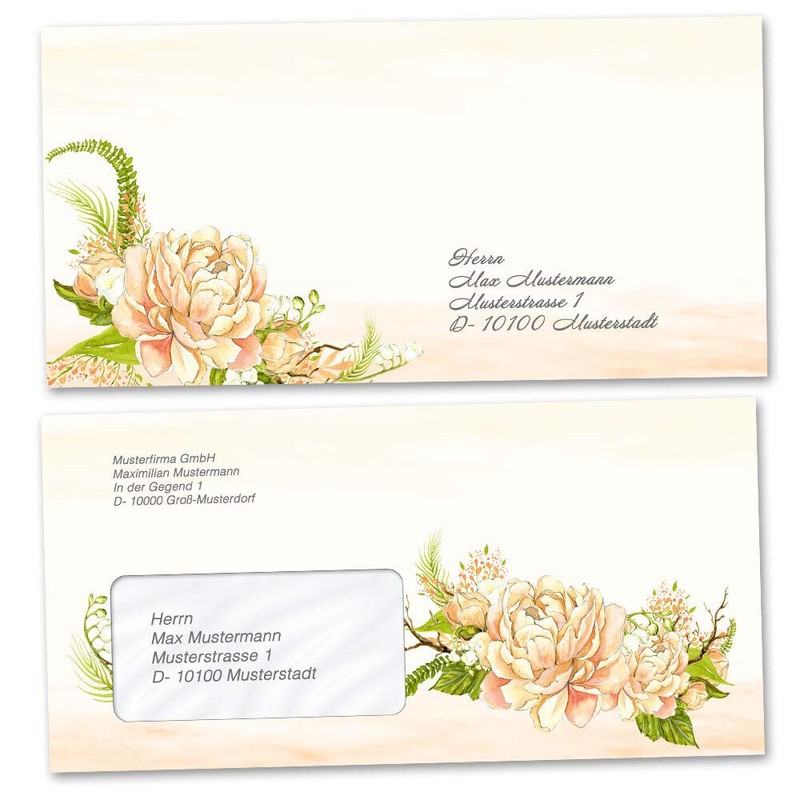 Briefumschläge Blumen & Blüten, PFINGSTROSEN 10 Briefumschläge (mit Fenster) DIN
