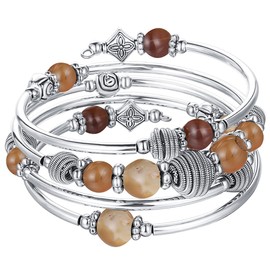 BULINLIN Turquoise Beaded Chakra Bangle Bracelet, Silver Layered Jewellery Wrap Bracelet with Natural Stone Birthday Gift for Women（Brown）