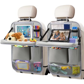 Etre Jeune Car Backseat Organizer with Tablet Holder, 6 Storage Pockets Foldable Table Food Tray Seat Back Protectors Kick Mats Travel Accessories, 2 Pack Grey
