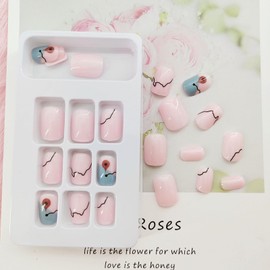 Short Press on Nails Square Fake Nails Acrylic False Nails with Location Map Designs Acrylic Nails Pink Glossy Glue on Nails for Women 24 Pcs 12 Size