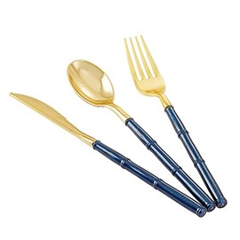 Supernal 180 Pieces Gold Plastic Silverware,Gold Plastic Cutlery with Blue Glitter Bamboo Handle,Elegant Plastic durable Cutlery,60 Gold Knives,60 Gold Forks,60 Gold Spoons