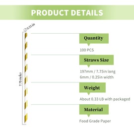 Glistening Gold Striped Paper Straws for Cake Pops Sticks, 100 PCS Disposable Drinking Paper Straw for Wedding Decorate, Glittering Color