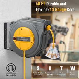 SURAIELEC 50 FT Retractable Extension Cord Reel, 14AWG/3C SJTW Power Cord Storage Reel, 3 Outlets Triple Tap, 13A Circuit Breaker, Wall Mount/Ceiling Hanging for Workshop, Garage, ETL Listed