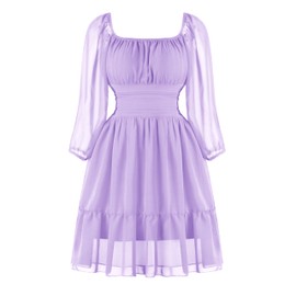 PUKAVT Women's Summer Dresses 2025 Square Neck Tie Back 3/4 Lantern Sleeve Vintage Chiffon Short Dress Lavender XXL