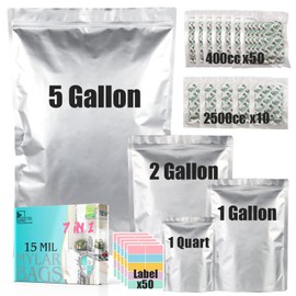 50pcs Mylar Bags for Food Storage With Oxygen Absorbers, 15 Mil Extra Thick Mylar Bags, 4 Size Set(5 Gallon, 2 Gallon, 1 Gallon, 1 Quart)2500cc and 400cc Oxy-Sorb (Individually Sealed)