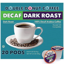 Double Donut Coffee Decaf Dark Roast Coffee Pods, Extra Bold Blend Coffee, Compatible with Keurig K Cups Brewers, 20 Count
