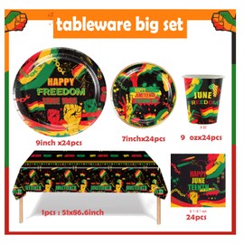 Black History Month Tableware Set Africa American Celebration Independence Party June 19th 1865 Include (Plates, Cups, Napkins, Banners) (Happy Juneteenth Day)
