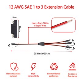 Billion wealth 2Feet/65cm SAE Connector Y Splitter 1 to 3 Extension Cable Compatible with Solar Connection and Transfer (12 AWG 1 to 3)