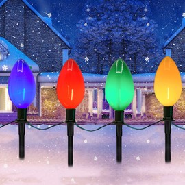 C9 Outdoor Path Marker Light - 7 Ft LED Christmas Pathway Lights with 4 Multicolor Lights and 4 Stakes - Waterproof Lawn Walkway Lane Marker Lighting Decoration