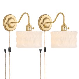 Shenmoyl Plug in Wall Sconce Set of 2, Gold Vintage Wall Decor Lights with White Ripple Glass Shade, Indoor Brass Corded Wall Lamp Fixture for Bedroom Living Room Bathroom Hallway