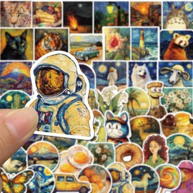 50PCS Artistic Oil Painting Sticker Pack – Vintage and Whimsical Designs Including Animals, Nature, Food, and Abstract Art for Laptops, Water Bottles
